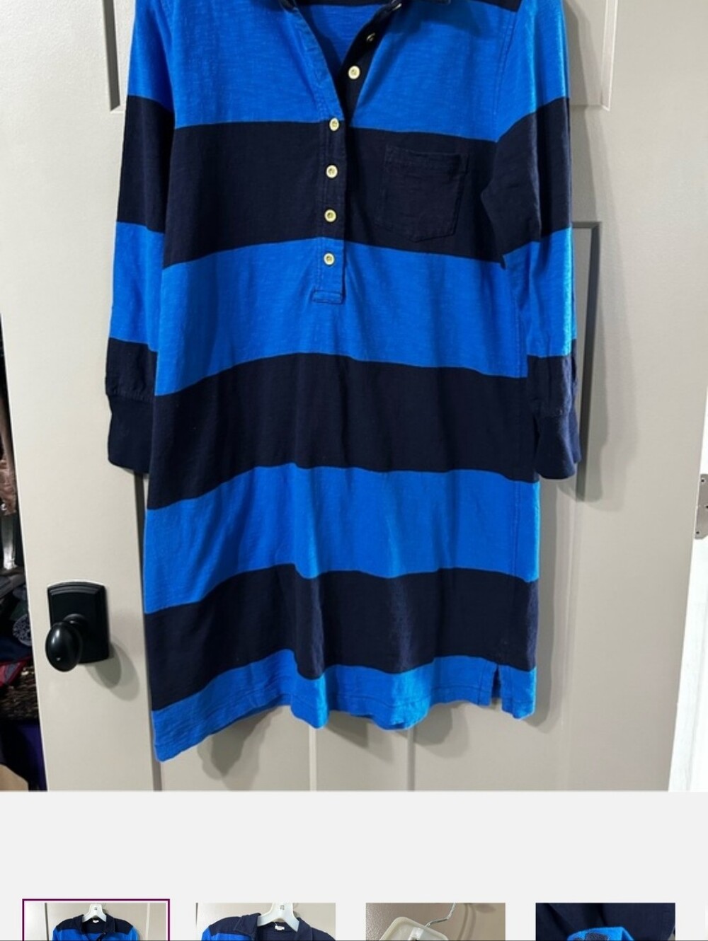 J. Crew  Rugby-Striped Polo dress Bright Blue and Navy gold buttons 💯 cotton